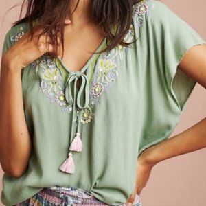 Floreat Anthro mint green boho blouse L